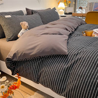 HKM-073555 Cotton Plaid Striped 4-Piece Bedding Set with Duvet Cover, Sheet, and Pillowcases