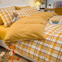 HKM-073555 Cotton Plaid Striped 4-Piece Bedding Set with Duvet Cover, Sheet, and Pillowcases