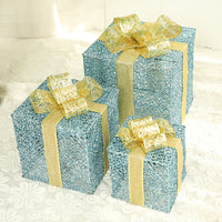 HKM-074003 Three-Piece Set of Christmas Wrought Iron Gift Box Decorations with Battery-Operated LED Lights