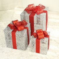 HKM-074003 Three-Piece Set of Christmas Wrought Iron Gift Box Decorations with Battery-Operated LED Lights