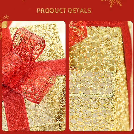 HKM-074003 Three-Piece Set of Christmas Wrought Iron Gift Box Decorations with Battery-Operated LED Lights