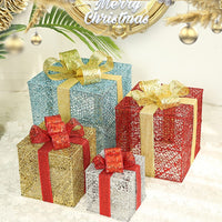 HKM-074003 Three-Piece Set of Christmas Wrought Iron Gift Box Decorations with Battery-Operated LED Lights