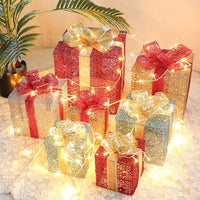HKM-074003 Three-Piece Set of Christmas Wrought Iron Gift Box Decorations with Battery-Operated LED Lights