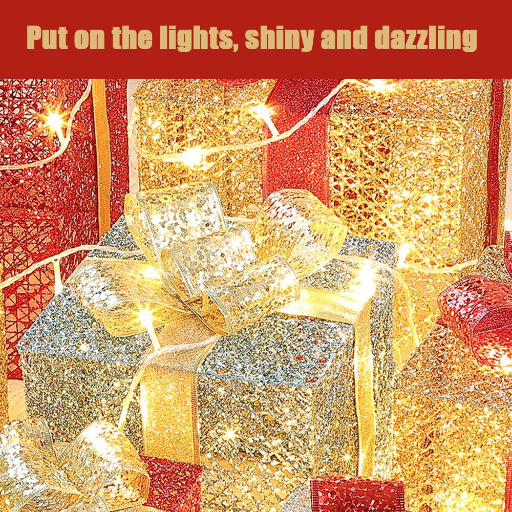 HKM-074003 Three-Piece Set of Christmas Wrought Iron Gift Box Decorations with Battery-Operated LED Lights