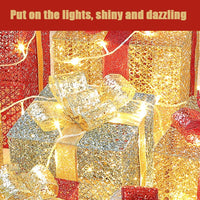 HKM-074003 Three-Piece Set of Christmas Wrought Iron Gift Box Decorations with Battery-Operated LED Lights