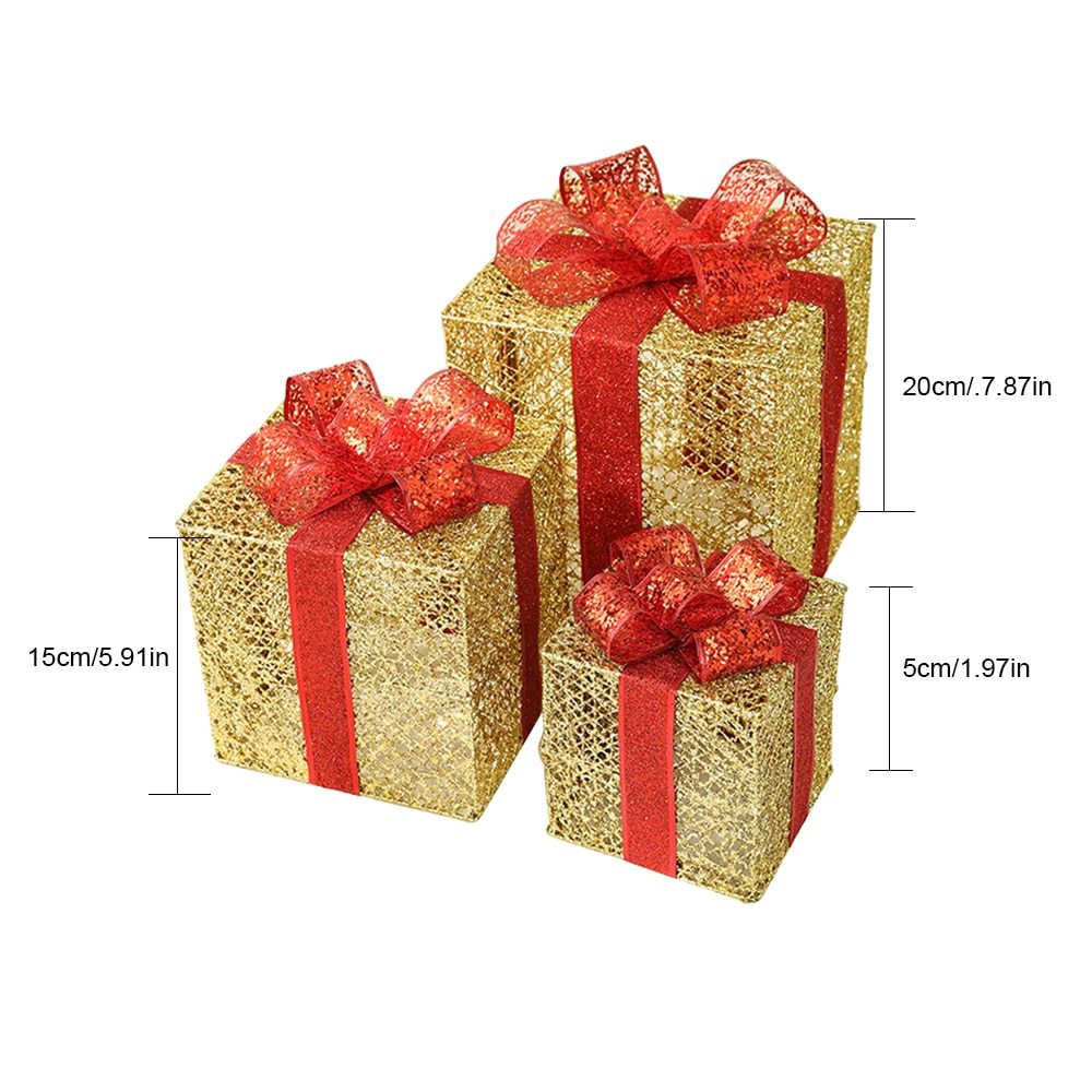 HKM-074003 Three-Piece Set of Christmas Wrought Iron Gift Box Decorations with Battery-Operated LED Lights