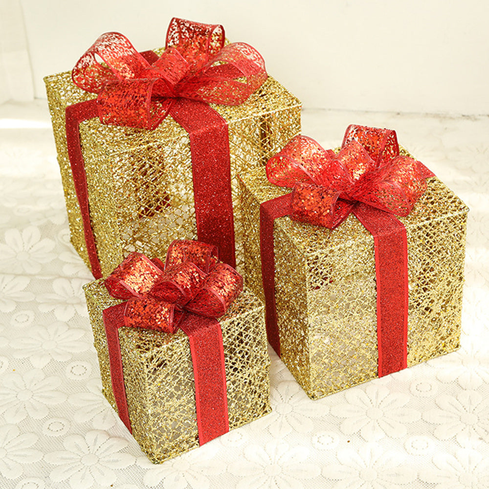 HKM-074003 Three-Piece Set of Christmas Wrought Iron Gift Box Decorations with Battery-Operated LED Lights