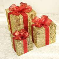 HKM-074003 Three-Piece Set of Christmas Wrought Iron Gift Box Decorations with Battery-Operated LED Lights