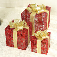 HKM-074003 Three-Piece Set of Christmas Wrought Iron Gift Box Decorations with Battery-Operated LED Lights