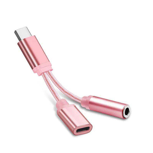 HKM-074451 Type-C to 3.5mm Headphone Adapter Cable - Dual Output Connector in Black, Pink, Silver, White