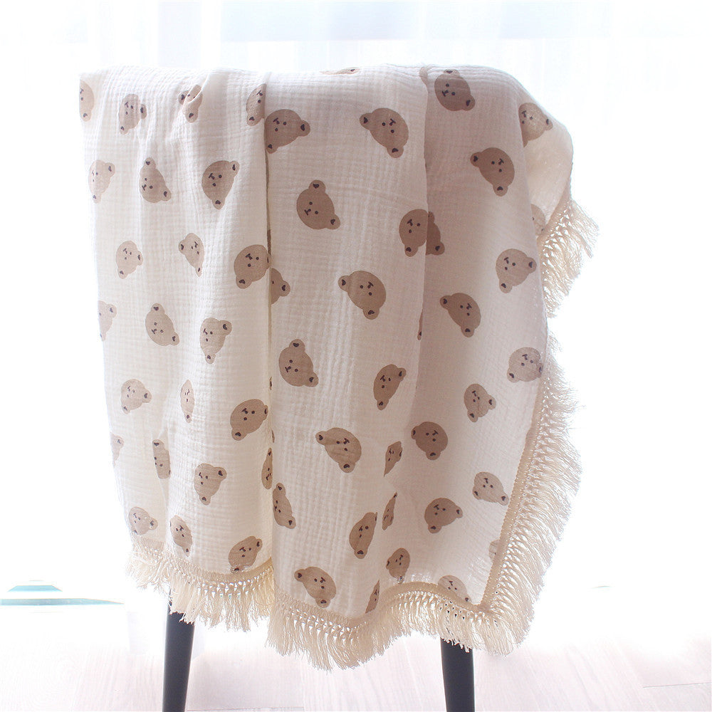 HKM-074707 Cotton Bear Tassel Stroller Blanket for All Seasons - Soft and Cozy Cover