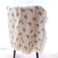 HKM-074707 Cotton Bear Tassel Stroller Blanket for All Seasons - Soft and Cozy Cover