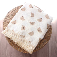 HKM-074707 Cotton Bear Tassel Stroller Blanket for All Seasons - Soft and Cozy Cover