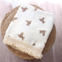 HKM-074707 Cotton Bear Tassel Stroller Blanket for All Seasons - Soft and Cozy Cover