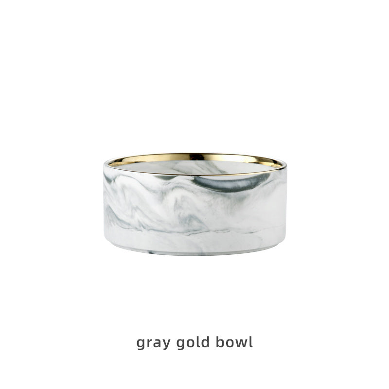 HKM-074899 Ceramic Dog and Cat Bowl Set with Wooden Stand - Marble Pattern Options