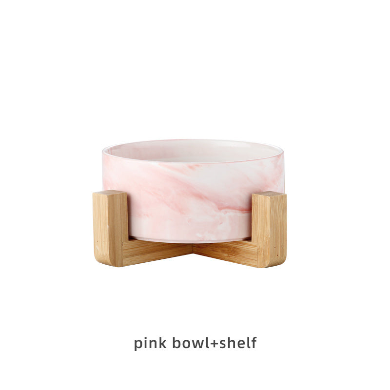 HKM-074899 Ceramic Dog and Cat Bowl Set with Wooden Stand - Marble Pattern Options