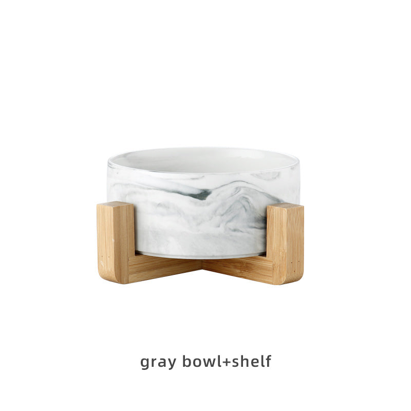 HKM-074899 Ceramic Dog and Cat Bowl Set with Wooden Stand - Marble Pattern Options
