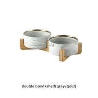 HKM-074899 Ceramic Dog and Cat Bowl Set with Wooden Stand - Marble Pattern Options