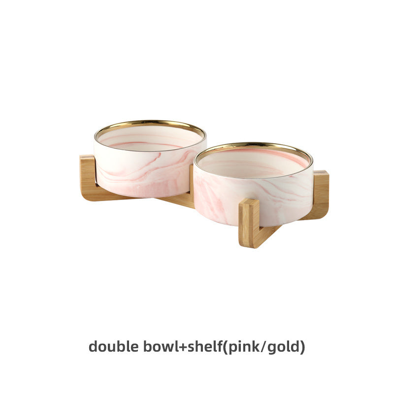HKM-074899 Ceramic Dog and Cat Bowl Set with Wooden Stand - Marble Pattern Options
