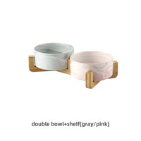 HKM-074899 Ceramic Dog and Cat Bowl Set with Wooden Stand - Marble Pattern Options