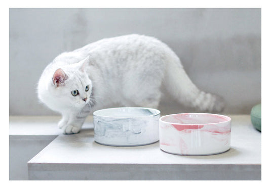 HKM-074899 Ceramic Dog and Cat Bowl Set with Wooden Stand - Marble Pattern Options