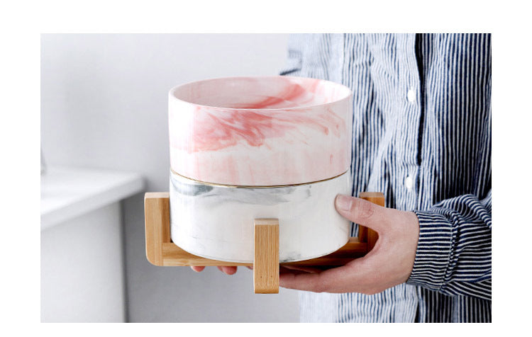 HKM-074899 Ceramic Dog and Cat Bowl Set with Wooden Stand - Marble Pattern Options
