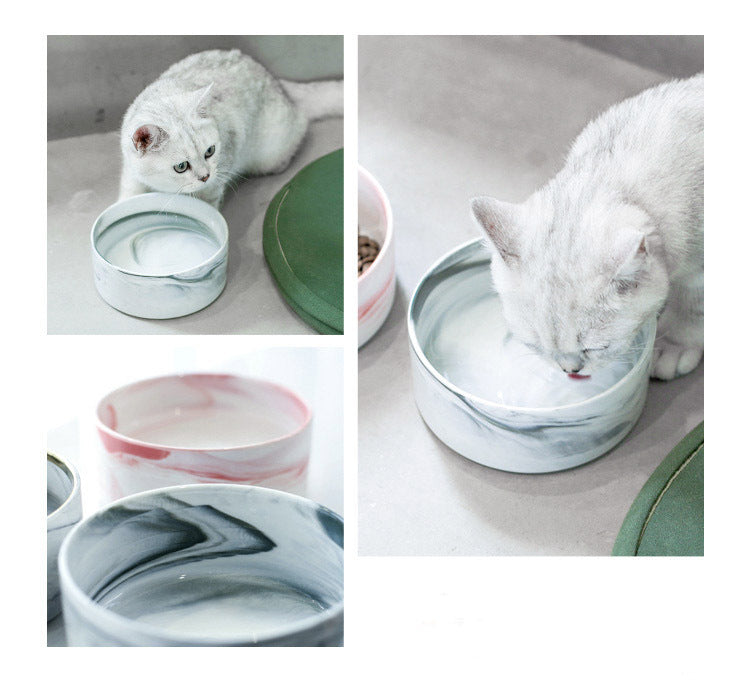 HKM-074899 Ceramic Dog and Cat Bowl Set with Wooden Stand - Marble Pattern Options