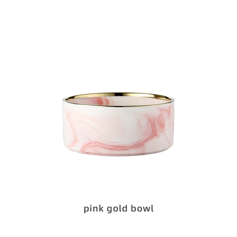 HKM-074899 Ceramic Dog and Cat Bowl Set with Wooden Stand - Marble Pattern Options