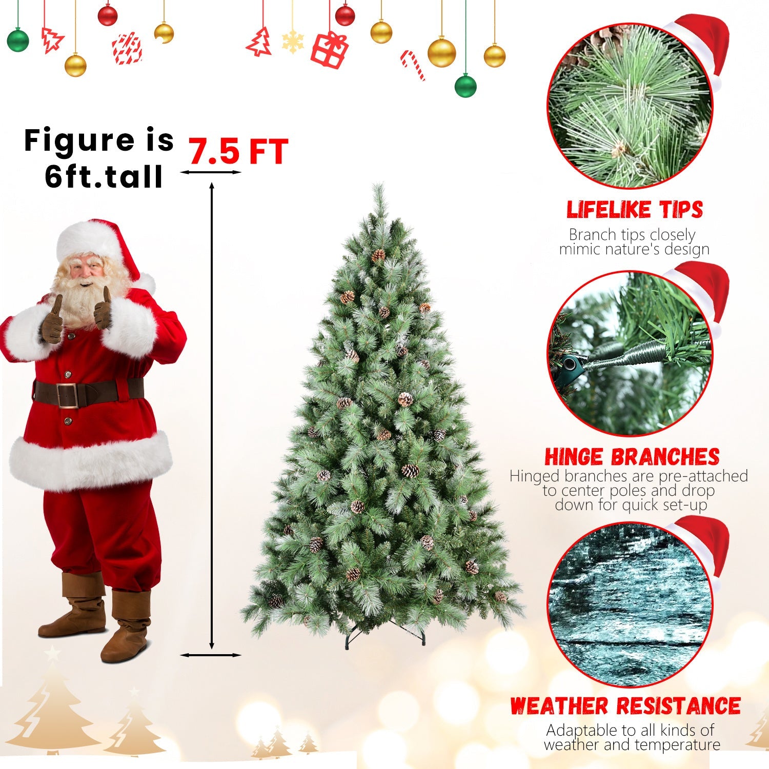 HKM-075155 Mixed Needle PVC Christmas Tree with Pine Cones - Multiple Sizes Available (5ft to 9ft)