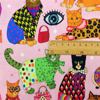 HKM-075219 Children's Cotton Cat Print Patchwork Dress with Headscarf in Green and Pink