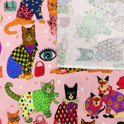 HKM-075219 Children's Cotton Cat Print Patchwork Dress with Headscarf in Green and Pink