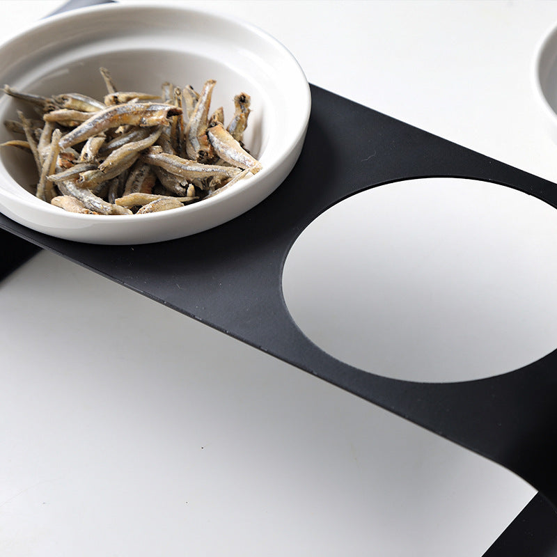 HKM-076563 Double Bowl Pet Feeder Set with Iron Frame and Ceramic Bowls