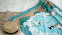 HKM-076691 Japanese Cartoon Cat Flannel Air Conditioner Blanket - Mint Hot Spring Design, 150cm x 100cm