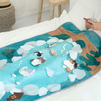 HKM-076691 Japanese Cartoon Cat Flannel Air Conditioner Blanket - Mint Hot Spring Design, 150cm x 100cm