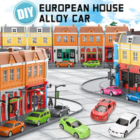 HKM-076947 1:64 Scale Diecast Alloy Car and Building Block Set for Urban Architecture Models