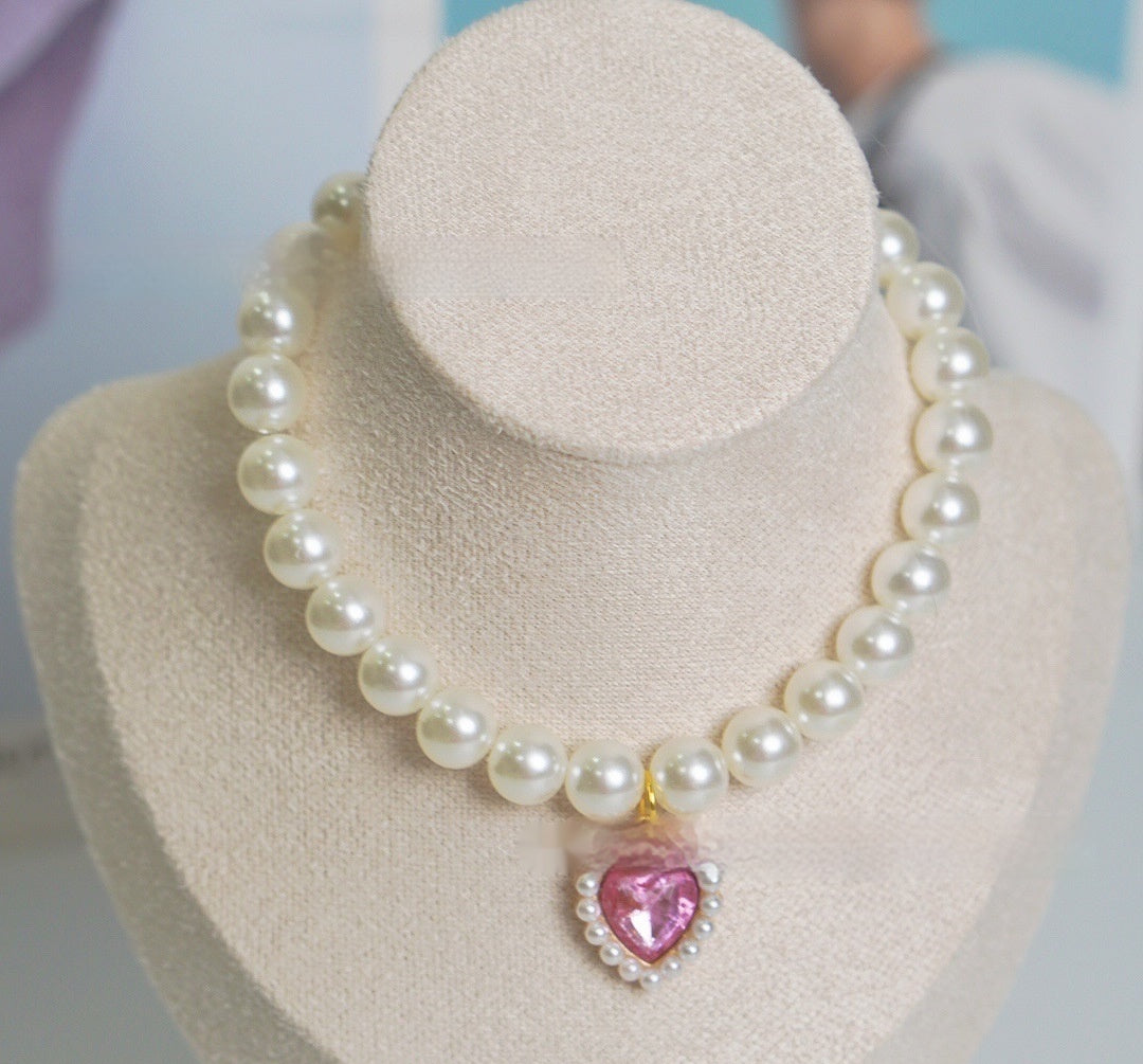 HKM-077395 Pearl Necklace Love Gem Cat Collar