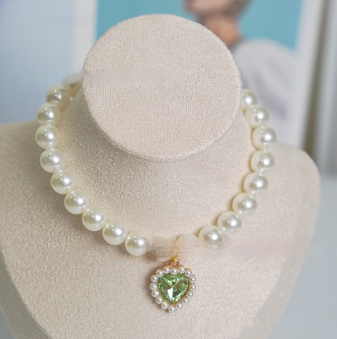 HKM-077395 Pearl Necklace Love Gem Cat Collar