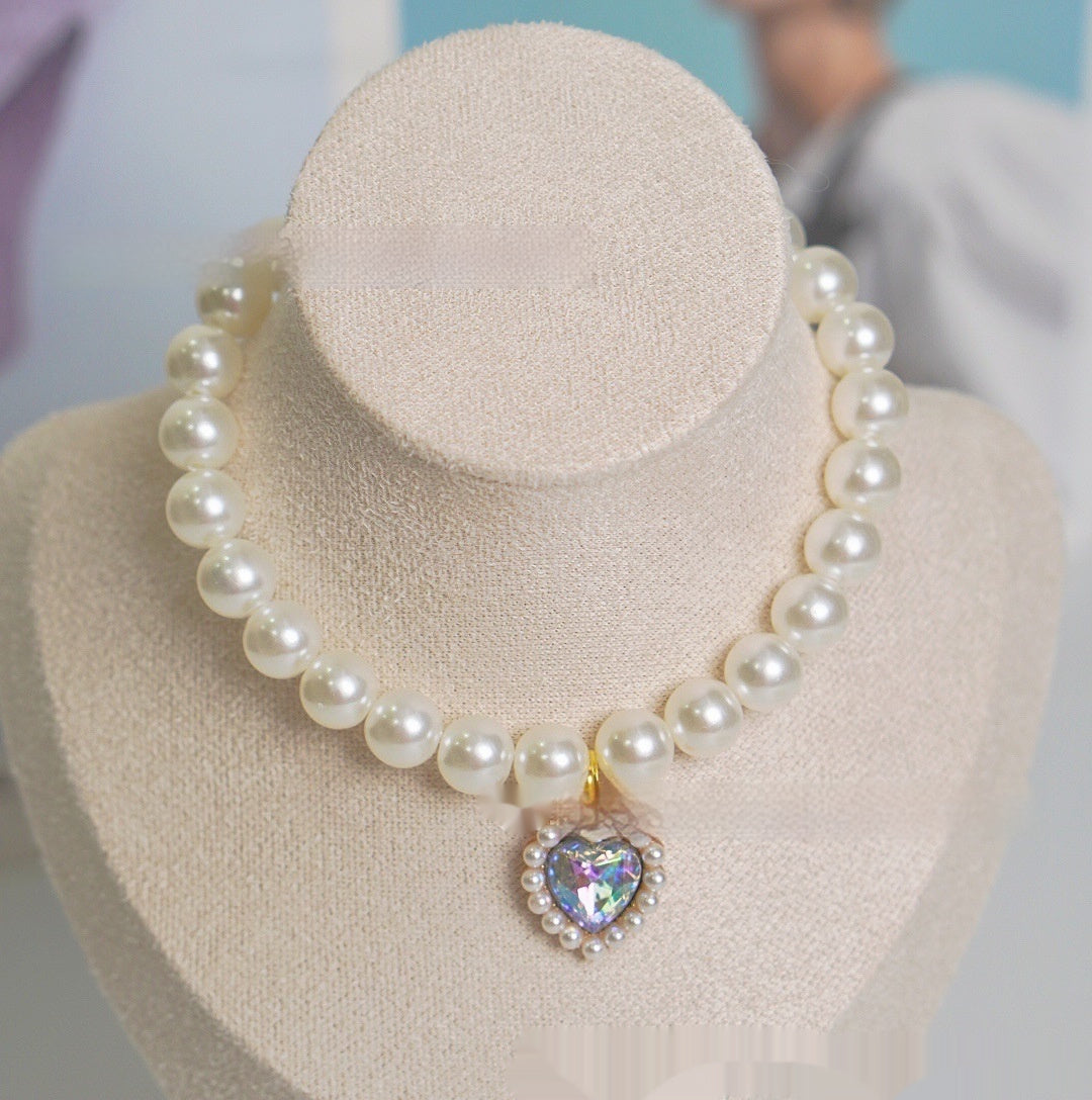 HKM-077395 Pearl Necklace Love Gem Cat Collar