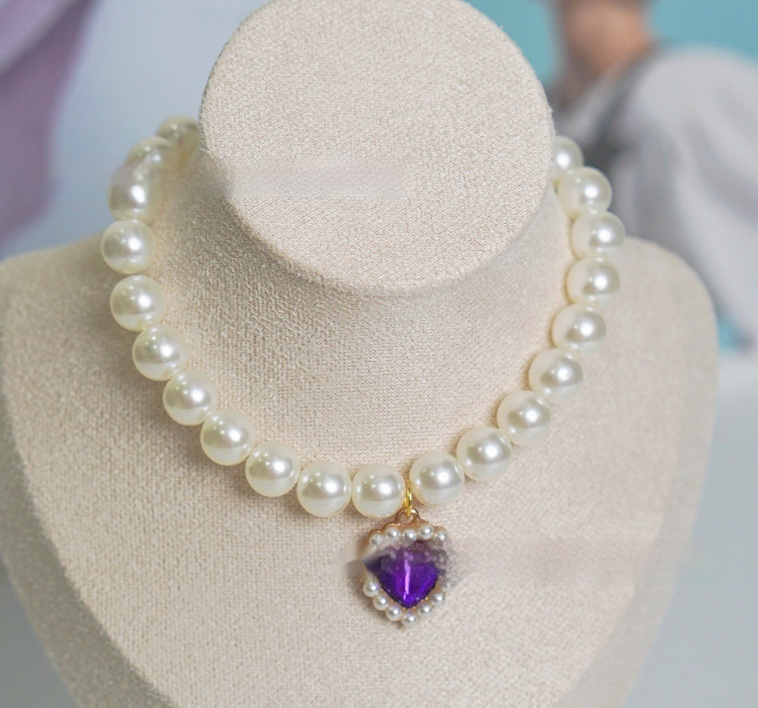 HKM-077395 Pearl Necklace Love Gem Cat Collar