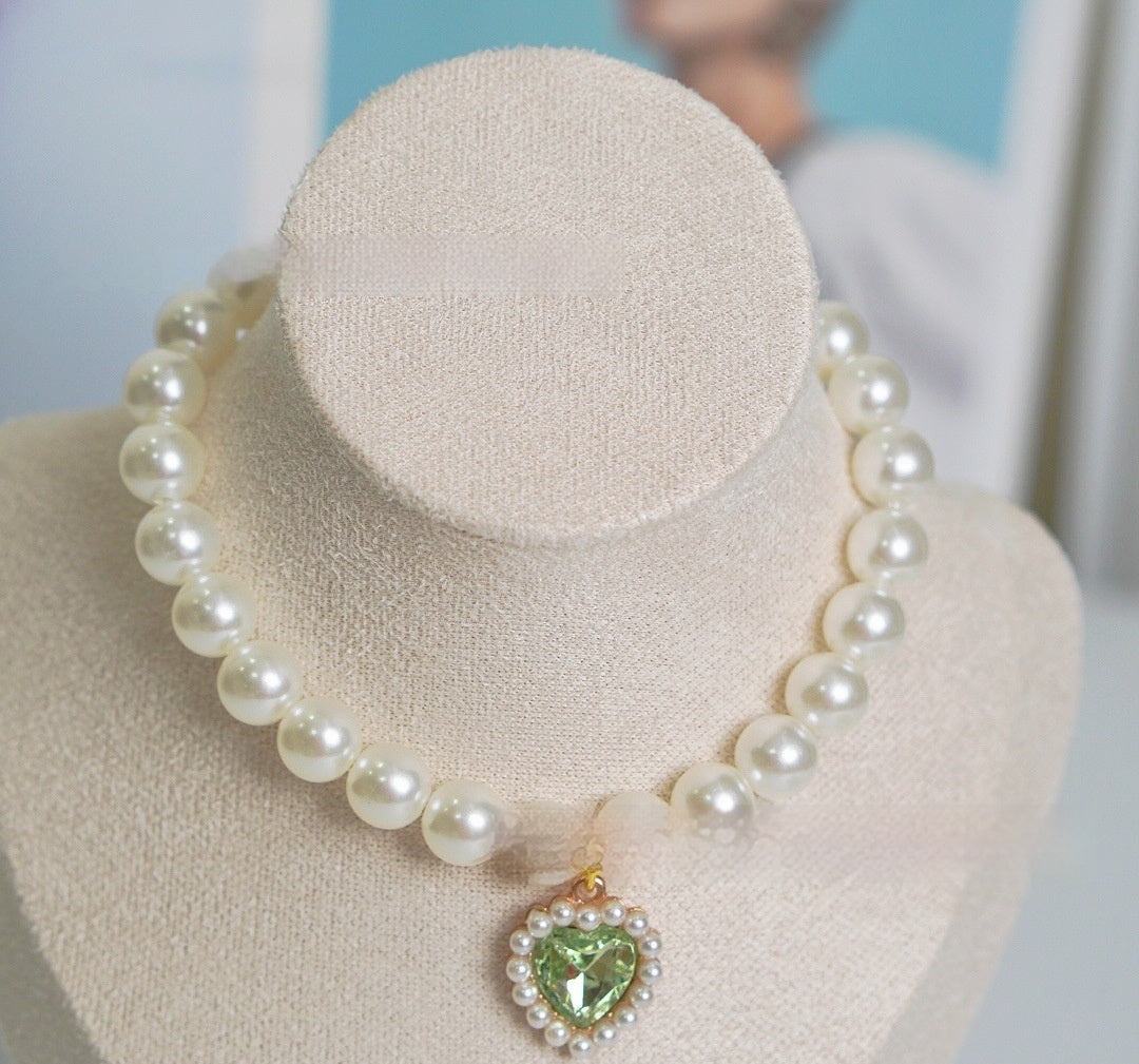 HKM-077395 Pearl Necklace Love Gem Cat Collar