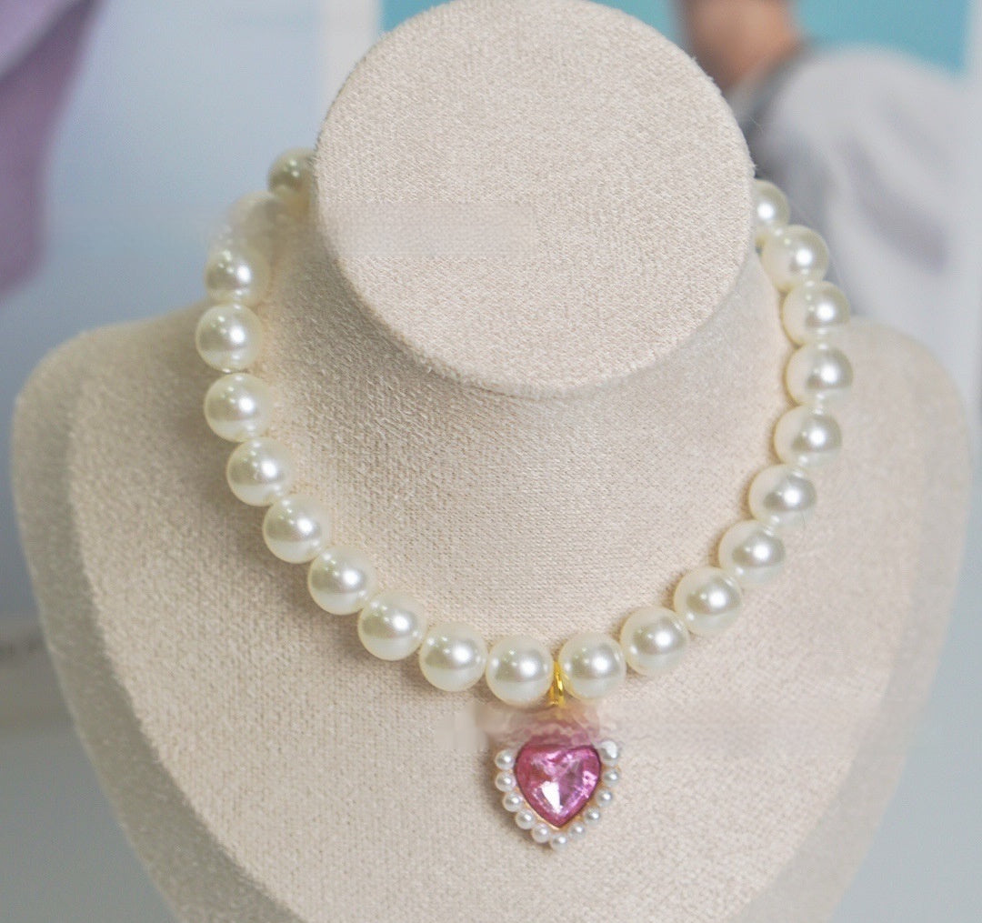 HKM-077395 Pearl Necklace Love Gem Cat Collar