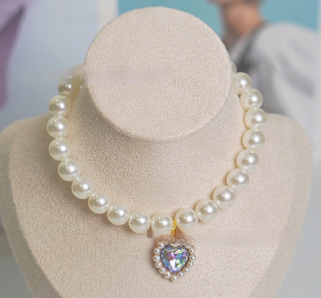 HKM-077395 Pearl Necklace Love Gem Cat Collar