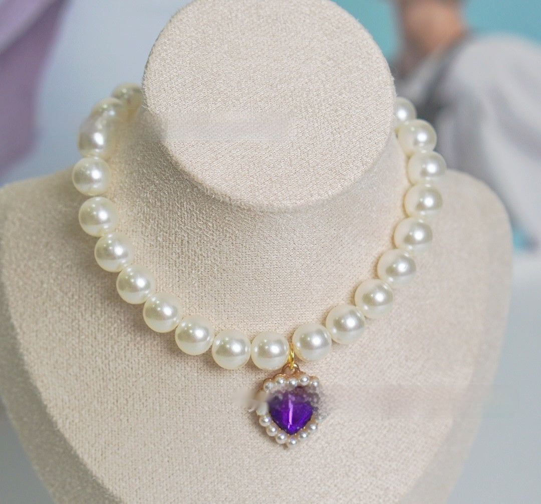 HKM-077395 Pearl Necklace Love Gem Cat Collar