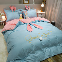 HKM-077523 Cute Rabbit & Bear Four-Piece Pure Cotton Bedding Set in Multiple Colors