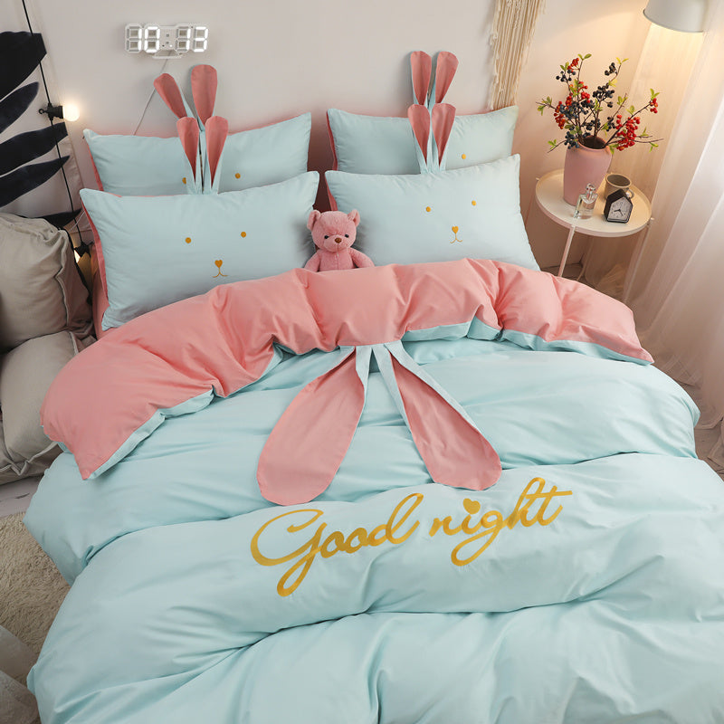 HKM-077523 Cute Rabbit & Bear Four-Piece Pure Cotton Bedding Set in Multiple Colors