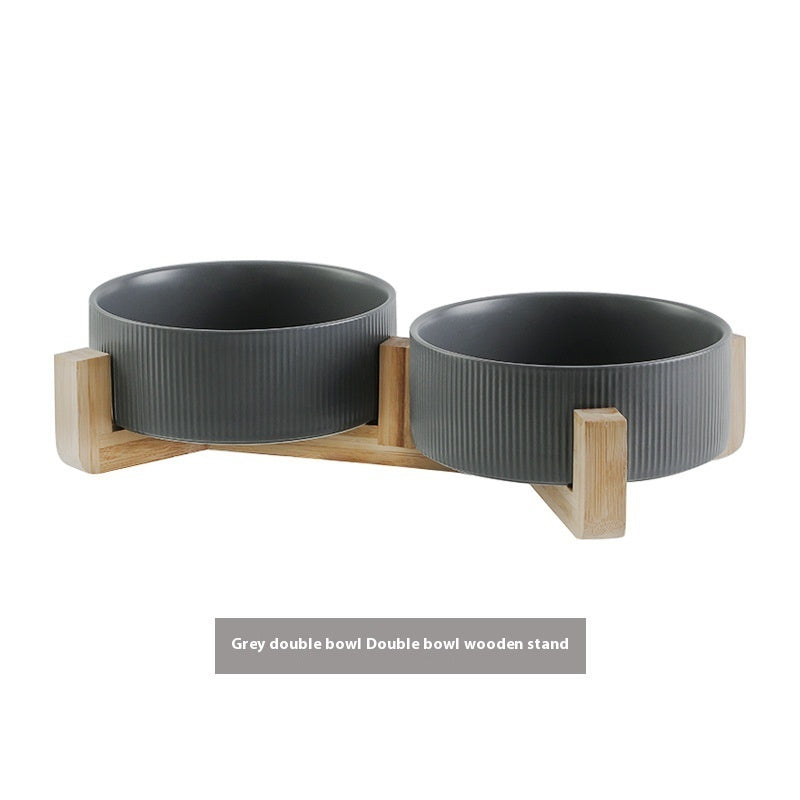 HKM-077715 Stylish Anti-Tumble Ceramic Cat Bowl with Wooden Frame in Various Colors