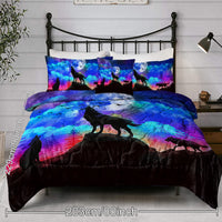 HKM-077843 3D Wolf Howling Comforter Set - 4 Piece Bedding Set in Purple, Blue, Black for Twin, Full, Queen, King Sizes