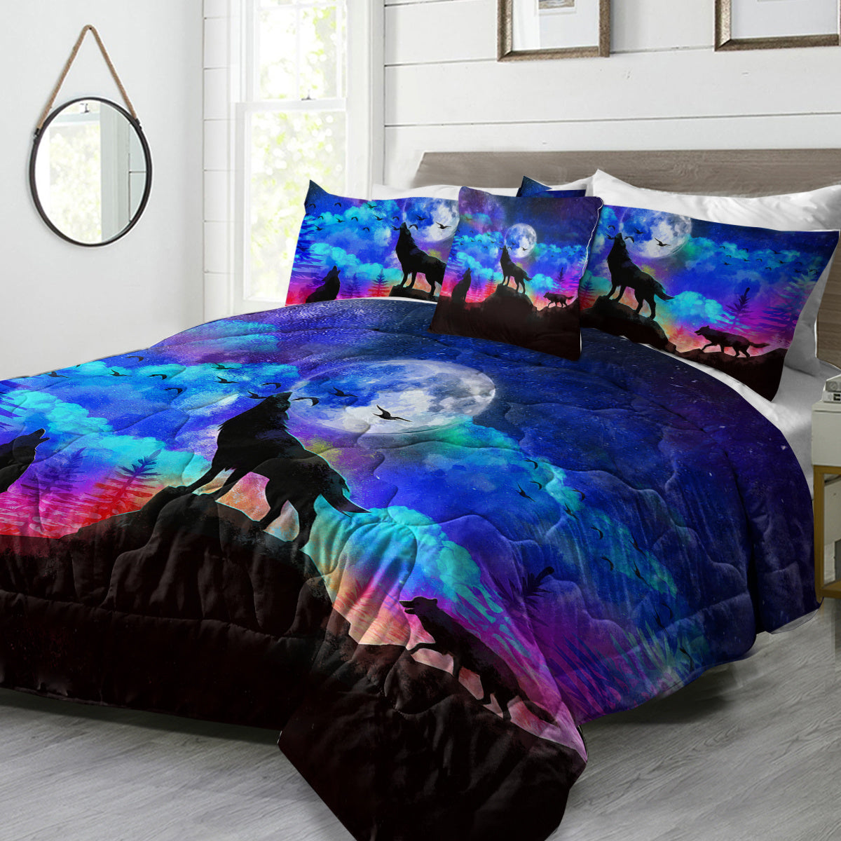 HKM-077843 3D Wolf Howling Comforter Set - 4 Piece Bedding Set in Purple, Blue, Black for Twin, Full, Queen, King Sizes