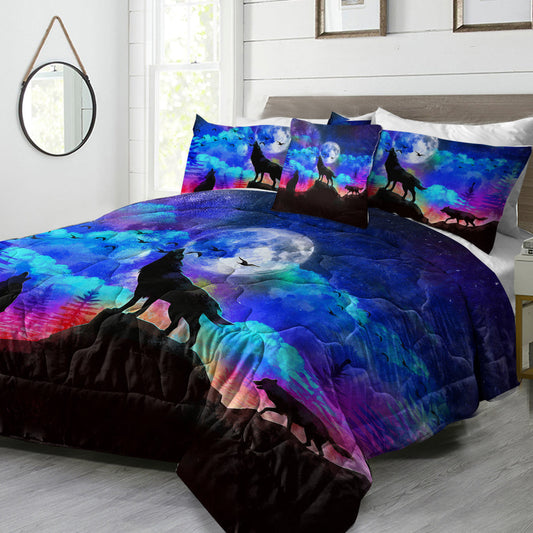 HKM-077843 3D Wolf Howling Comforter Set - 4 Piece Bedding Set in Purple, Blue, Black for Twin, Full, Queen, King Sizes