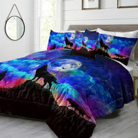HKM-077843 3D Wolf Howling Comforter Set - 4 Piece Bedding Set in Purple, Blue, Black for Twin, Full, Queen, King Sizes
